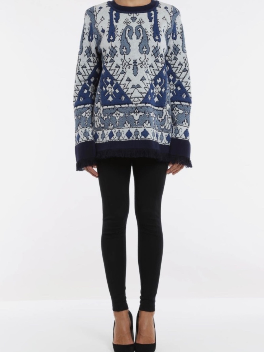 Tory Burch Marine Blue 'Lisbon' Jacquard Pullover Fringed Sweater Sz. S
